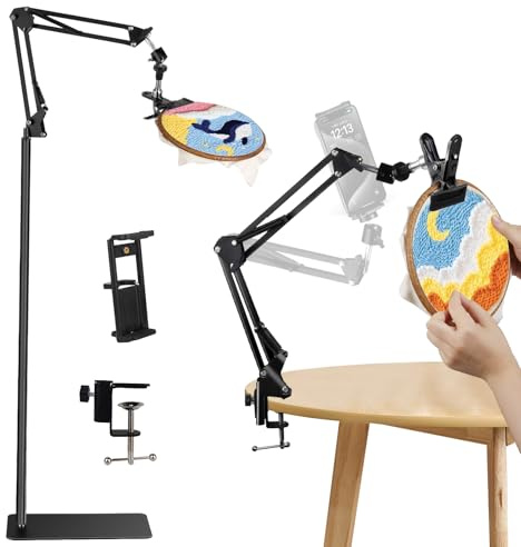 Black Adjustable Embroidery Hoops Stand for Hand Work,3-in-1 Hoop/Tablet/Phone Holder Floor Stand,Embroidery Desktop Stand，Lap Cross Stitch Frame with 360° Rotation,Hand Embroidery Stand