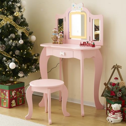 LALAHO Coiffeuse pour Enfants avec Miroir à Trois Volets, Tabouret et Lampe LED Tactile 3 Couleurs (Rose)
