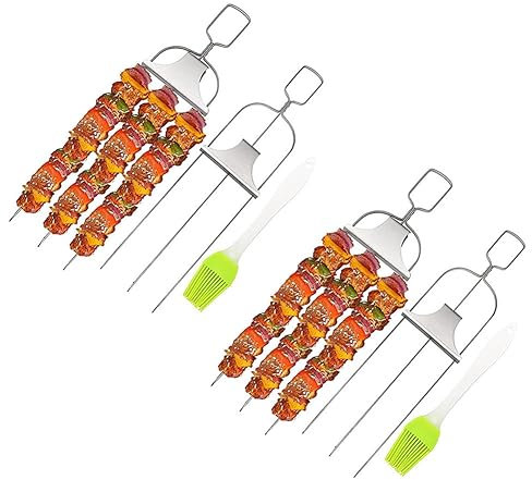 Kznifmk Brochetas para Barbacoa, Brochetas de Metal Largas y Planas de 3 Puntas para Barbacoa, Palos Reutilizables para Barbacoa, Al Aire Libre