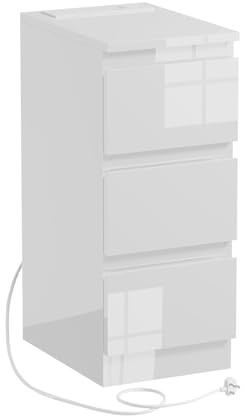 PCGAGA 25cm Slim Bedside Cabinet with Charging Station, Small Narrow Bedside Table with 3 Drawers, USB Charging Port, Thin Nightstand Side End Table for Living Room, Bedroom (High Gloss, White)