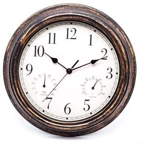 Gartenuhren für den Außenbereich, wasserdicht, Vintage-Wanduhr mit Thermometer, Hygrometer für Pool, Garten, Terrasse, Heimdekoration (schwarzes Kupfer)