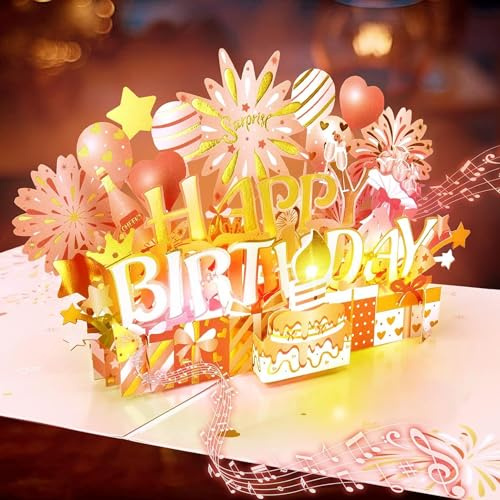 3D Pop Up Birthday Card with Music & Lights, Luxury Musical Light Up Birthday Card with Interactive Candle, Surprise Birthday Gift for Her Him Women Men (Luxury Flowers)