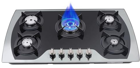 Piano cottura a gas a 5 luci, 90 cm, da incasso e da pavimento, bruciatore in alluminio ad alte prestazioni, vetro temperato, protezione fiamma di sicurezza, per gas naturale e gas propano, efficiente