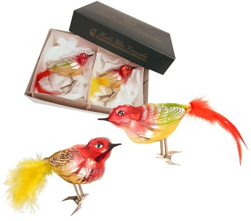 Krebs Glas Lauscha Baumschmuck Vogelset Mehrfarbig 10 cm - 2er Set - mundgeblasen & handdekoriert - edle Glasvögel mit Clip für hochwertigen Christbaumschmuck