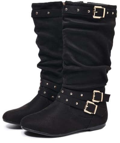 Slouchy rynkade knähöga stövlar för kvinnor platta western cowboy ridstövlar, Mocka svart, 42 EU | med spänne nit rem dekor vardagliga höga vinterstövlar för semester fest shopping gatustil födelsedag