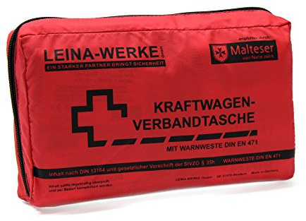 Leina 11020 vehículos de Motor Advertencia de Primeros Auxilios Bolsa compacta y Chaleco con Cierre de Velcro, Color Rojo/Negro