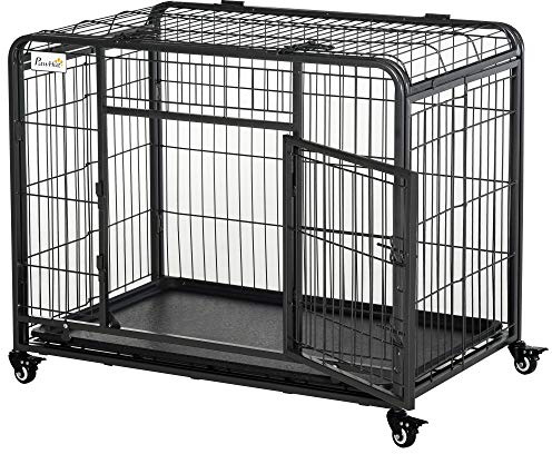 PawHut Cage pour Chien Pliable Cage de Transport sur roulettes 2 Portes verrouillables Plateau Amovible dim. 94L x 58l x 69,5H cm métal Gris Noir