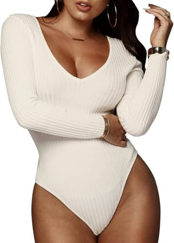 QKEPCY Body Mujer Sexy Cuello en V Bodies Vestir Manga Larga Elegante Mono de Negro Mujer Clásico Bodysuit Jumpsuit Suave Cálida Tops (M, Blanco)