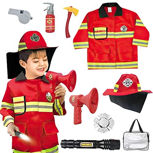Lotvic Brandmansdräkt, barnbrandkår rollspelsset, tvättbar kostym brandman barn, med brandsläckare brandmansleksak för karneval, temafest