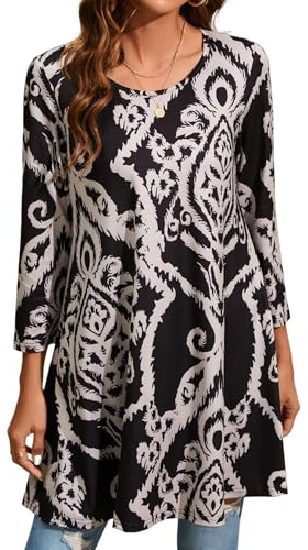 Enmain Maglia Tunica Donna Top Maniche a 3/4 Taglie Forti Camicetta con Stampata Oversize Originale Elegant Lungo T Shirt per Leggings,Nero,3XL