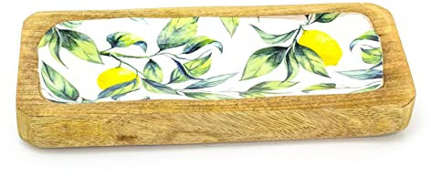 Carousel Home Lemon Orchard Enamelled Mango Wood Dish | Hand Crafted Rectangle Serving Platter Graze Board Snack Board | Sharing Platter Food Board for Appetisers - 30cm