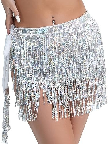 1 Vestido con Flecos de Lentejuelas, Falda de Lentejuelas para Danza del Vientre, Disfraz de Bailarina Latina, Vestido con Falda de Flecos Rave, Trajes de Baile para niñas y salón de Baile (Plata).