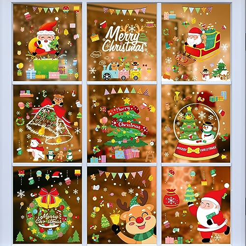 AUAUY 389PCS Christmas Window Stickers, Christmas Window Clings(10 Sheets) | Reusable Children's Window Film, Double-Sided Reusable Static Adhesive PVC Stickers for Glass Windows, Christmas Decoration
