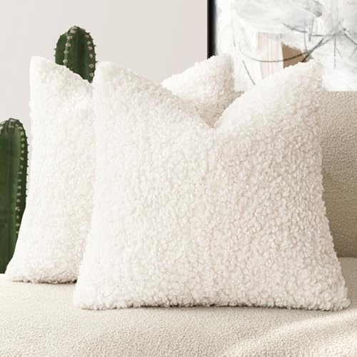 Foindtower, 2 federe per cuscino, in finta pelliccia, 50 cm x 50 cm, colore bianco, morbide, stile pelo di pecora, decorative, per letto, divano, soggiorno