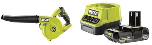 Ryobi - Souffleur d'atelier 18V - 3 Vitesses - jusqu'à 200 km/h - livré avec 1 Batterie 2Ah et 1 Chargeur Rapide