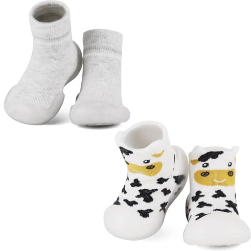 MK MATT KEELY 2 Paia Scarpe Neonato Calzini Antiscivolo Bambino Bambina Scarpine in Maglia Primi Passi Infanzia,Grigio+Mucca,6-12 Mesi