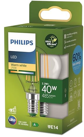 PHILIPS Classic ultraeffiziente LED-Lampe mit Energieeffizienzklasse A, ersetzt 40W, E14 Sockel, Tropfenform, Klar, warmweißes Licht (2700K), neue Generation, Warmweiß