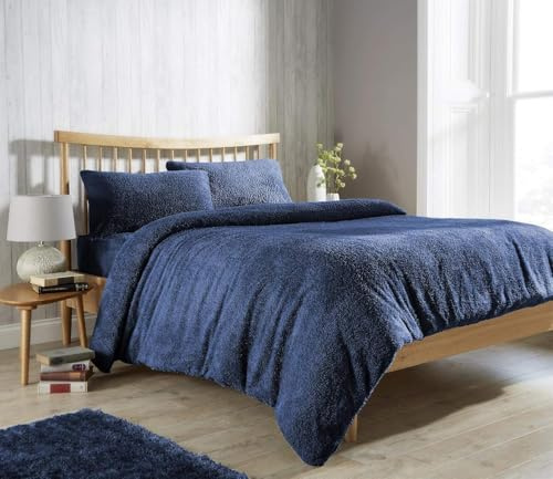 Brit House Teddy Bear Fur Sherpa Fleece Duvet Cover Set Pillowcases Bed Linen Super Soft Cosy Warm Winter Quilt Cover Bedding Set (Navy Blue, Super King)