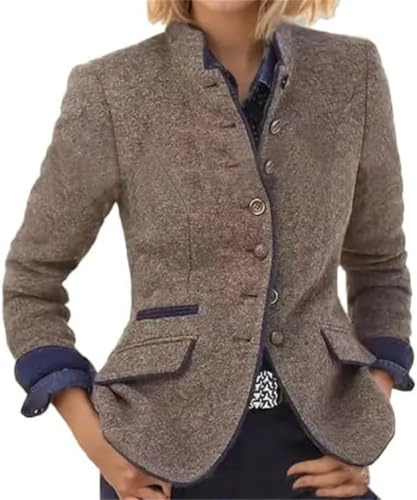 Suncadmious Blazer de tweed retro de un solo pecho para mujer chaqueta de tweed con solapa elegante chaqueta de negocios ajustada con cuello alto y manga larga para primavera y otoño (Café,M)