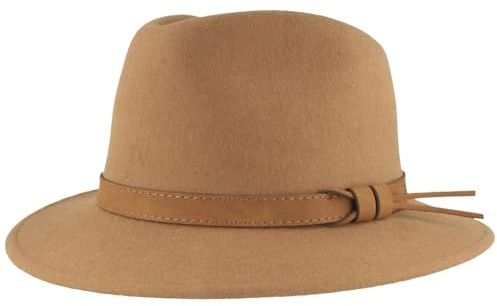 Bred utomhus filt hatt trekking-hatt ullhatt av 100 % ull – hatt vattenavvisande och vikbar – med läderuppsättning – för män och kvinnor, Camel läderband, 56