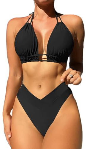 Ensemble Bikini pour Femme Haut de Bikini Triangle Taille String Monokini à Trois Maillot De Bain Amaincissant Femme Sexy Col V Ventre Plat Maillot De Bain Bretelles Spaghetti Réglables