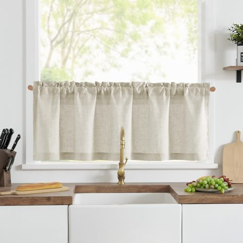 Vangao Fönstergardiner kök, beige, linneutseende, bistrogardin med stånggenomdrag, köksgardiner för balkongdörr, husvagn, lantlig stil, gardiner, kort, halvtransparent, set om 1, 125 B x 40 H cm
