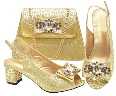 Décolleté da donna con punta aperta con strass e borsa abbinata, set per abiti da sposa e feste di nozze, Oro, 41 EU
