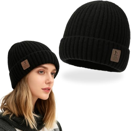 EJRUP Berretto Termico a Maglia per Uomo e Donna, Berretto Beanie in Maglia Termica, Cappello Lana Merino, Beanie Berretto da Corsa, Cappello Ciclismo,da Uomo e Donna(Nero)