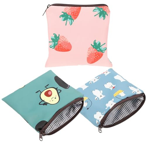 TEHAUX 3pcs Cartoon Sanitary Napkin Storage Bags Set, Water-Resistant Small Period Organizer Pouch for Daily Female Supplies Button Closure, Portable Tampon Holder for Travel and School