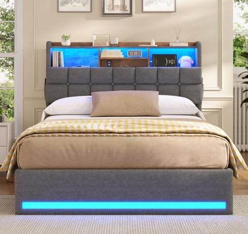 AOGLLATI Polsterbett 140×200cm Hydraulisches Stauraumbett mit LED-Bleuchtung Jugendbett mit Steckdosen Doppelbett mit Stauraum Kopfteil Bettgestell mit Lattenrost aus Holz, ohne Matratze