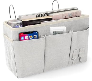 Jinfanshurich Organizer da letto con gancio in metallo, 35 x 20 x 12 cm, cestino da appendere per letto e lettino, grande capacità, tasche laterali e tasca a rete, organizzatore stabile per appendere