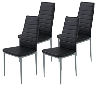 Hela Tische, 4er Set Esszimmerstuhl Küchenstuhl Simone, Kunstleder Schwarz, Rundrohgestell alufarben, Steppnähte