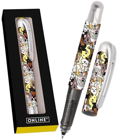 Online College „Hunde“ Tintenroller mit Patrone I Ergonomischer Rollerball für Rechts- & Linkshänder mit süßem Hunde-Design I Tintenroller Kinder 0.5 mm I inkl. blauer Kombipatrone I Made in Germany