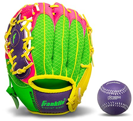 Franklin Sports Teeball Recreational Series Fielding Handschuh für rechte Hand mit Baseball, 24,1 cm, Violett/Limette/Pink/Gelb