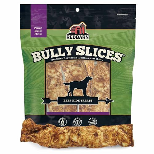 Redbarn Pet Products All-Natural Rawhide Bully Slices - Peanut Butter Flavor - Premium Grain-Free Beef Hide Treats High Protein Low Fat for Chewers - 9 oz Bag