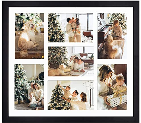 Golden State Art, 13.7x15.7 Matted Black Wood 7-Opening for 4 x 6 Collage Picture Frame