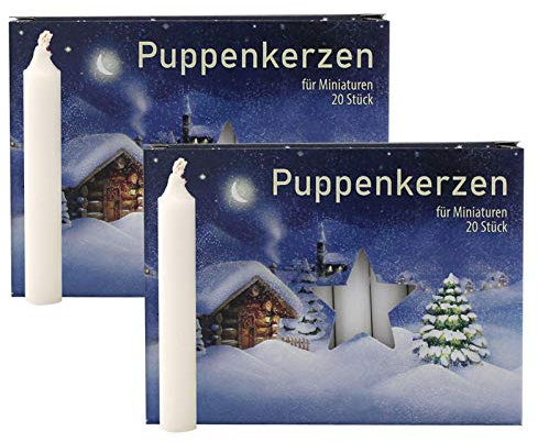 OLShop AG 2er Pack Puppenkerzen weiß ca. 10 x 65 mm (2 x 20 Stück), Puppenlichter, Miniaturkerzen, Weihnachtskerzen, Kerzen