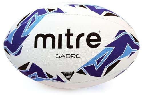 Mitre Rugbyball, extra starkes Futter, volles Gewicht, sehr beliebt, Weiß/Blau/Cyan, 3