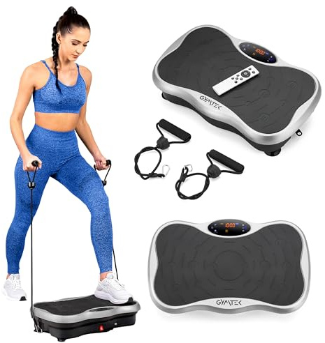 Gymtek Vibrationsplatte, Vibrotrainer - bis 180kg - 5 Ausbildungsprogramme, 99 Stufen - 2 Expanderbänder - Bluetooth, Fern
