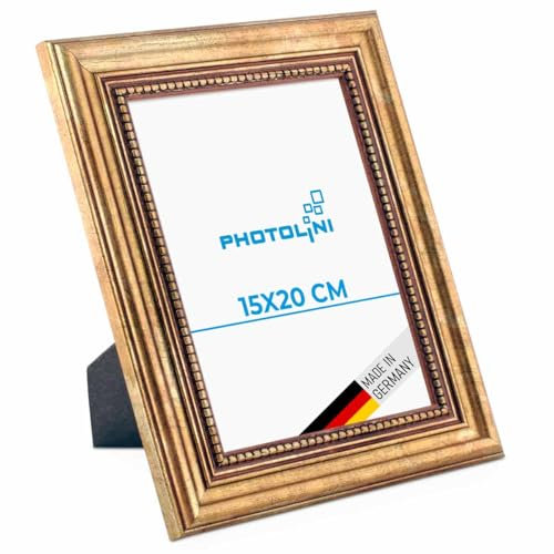PHOTOLINI Barock-Bilderrahmen 15x20 cm in Gold antik, Holz-Rahmen Vintage, Made in Germany, Echtglas, zum Aufhängen & Aufstellen, mit Zubehör - verleiht Deinen Fotos das besondere Etwas
