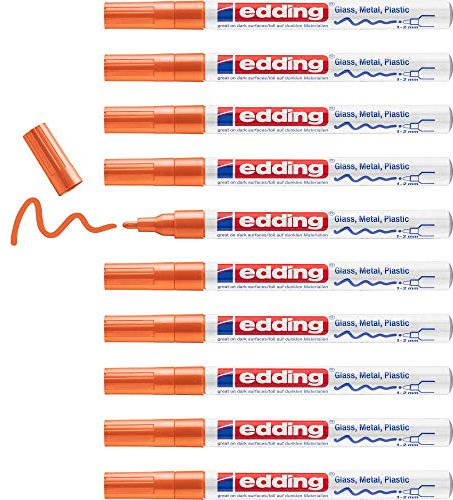 edding 751 Glanzlackmarker - orange - 10 Lackmarker - Rundspitze 1-2 mm - Lackstift für Glas, Stein, Holz, Kunststoff und Papier - wasserfest, stark deckend