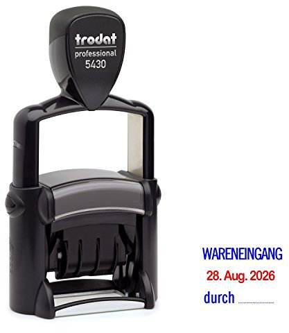 Trodat Professional Dater 5430 Datumstempel mit 2farbigem Kissen blau/rot + Wunschtext, Stempeltext:WARENEINGANG