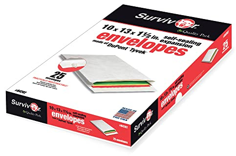 Quality Park Tyvek Envelopes, 25 Pack, Large 10 x 13 Mailers, 2 Inch Expansion, Rip, Puncture & Water Resistant Self Sealing Mailing Bags for Lightweight Shipping, White