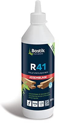 Bostik Colle Vinylique Bois R41 - Colle à Bois Prise Rapide - Colle d'Assemblage et de Placage du Bois - Colle D3 Menuiseries Intérieures et Extérieures Abritées - Blanc - Biberon de 250 g