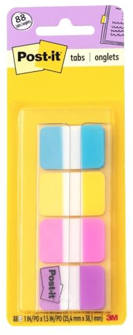 Post-it Tabs, 1-Inch Solid, Aqua, Yellow, Pink, Violet, 22/Color, 88 per Dispenser (686-AYPV1IN) by Post-it