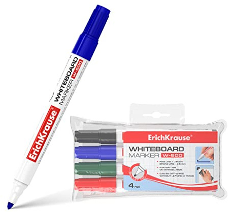 ErichKrause Whiteboard märkpenna W-500 rund spets 0,8–2,5 mm set om 4 – märkpennor för whiteboards blädderbara flip-charts planeringspennor glas – avtorkbar snabbtorkande giftfri fodral boardmarkör