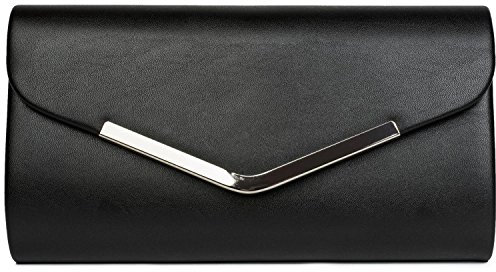 styleBREAKER Damen Clutch Abendtasche Envelope Kuvert Design mit Metall Zierleiste und abnehmbarer Kette 26 x 5,5 x 14,5 cm, Farbe:Schwarz