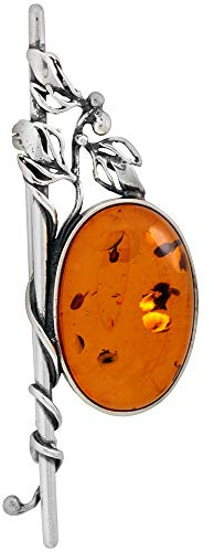 Sterling Silver Baltic Amber Oval Brooch Pin with Vine Accents for Women Antiqued Finish Approx. 2 7/16 inch Wide