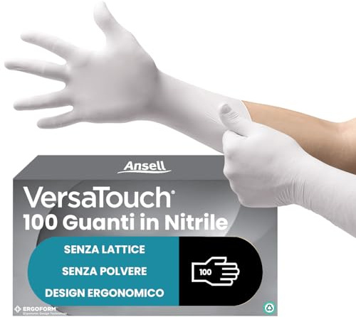 Ansell VersaTouch 92-205 Guantes Nitrilo Desechables, Multiuso, Alimentos, Cocina, Limpieza, Mecanico, Sin Polvo, Blancos, Talla S (100 Guantes)