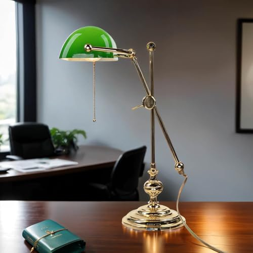 Licht-Erlebnisse Bankerlampe Messing Glas in Gold Grün Büro Arbeitszimmer 47 cm E27 vergoldet mit 24 Karat Zugschalter elegante Jugendstil Tischlampe